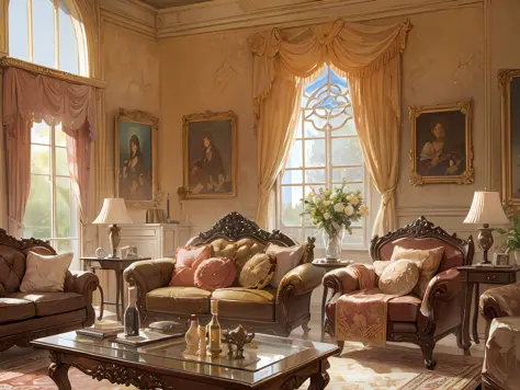 european castle living room, a soft sofa, a coffee table, vases, hanging paintings, square glass windows, wooden furniture, cabi...