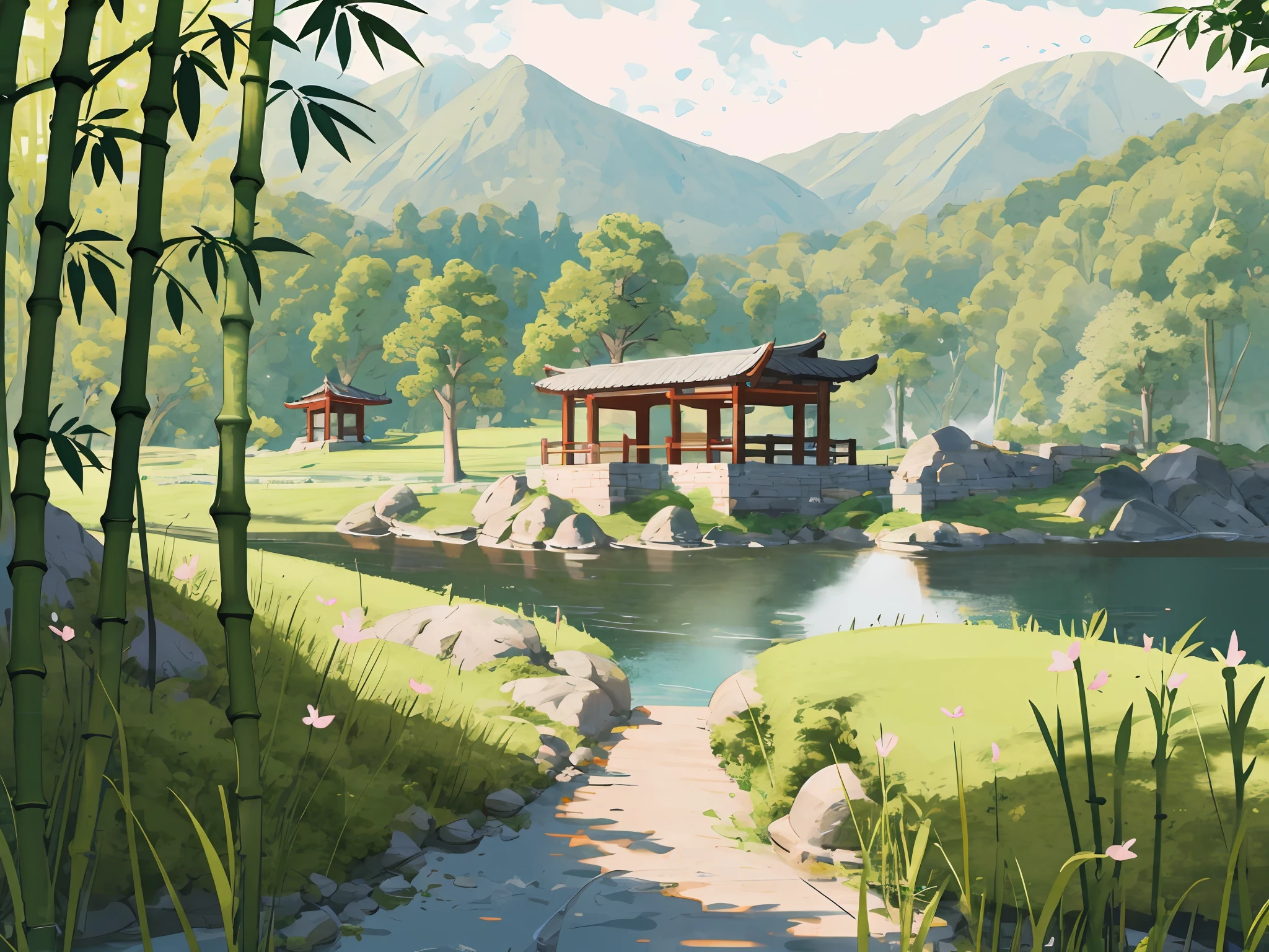 Ancient Chinese architecture, spring, dark night, garden, bamboo, lake, stone bridge, peach blossom, trees, flowing water, landscape, outdoor, grass, rock, (Illustration: 1.0 ), epic composition, realistic lighting, HD details, masterpiece, best quality, (very detailed CG unity 8k wallpapers), clay texture, clean background, natural light, best quality, ultra detail, 3d art, c4d, blender, oc renderer, 3d render, 8k