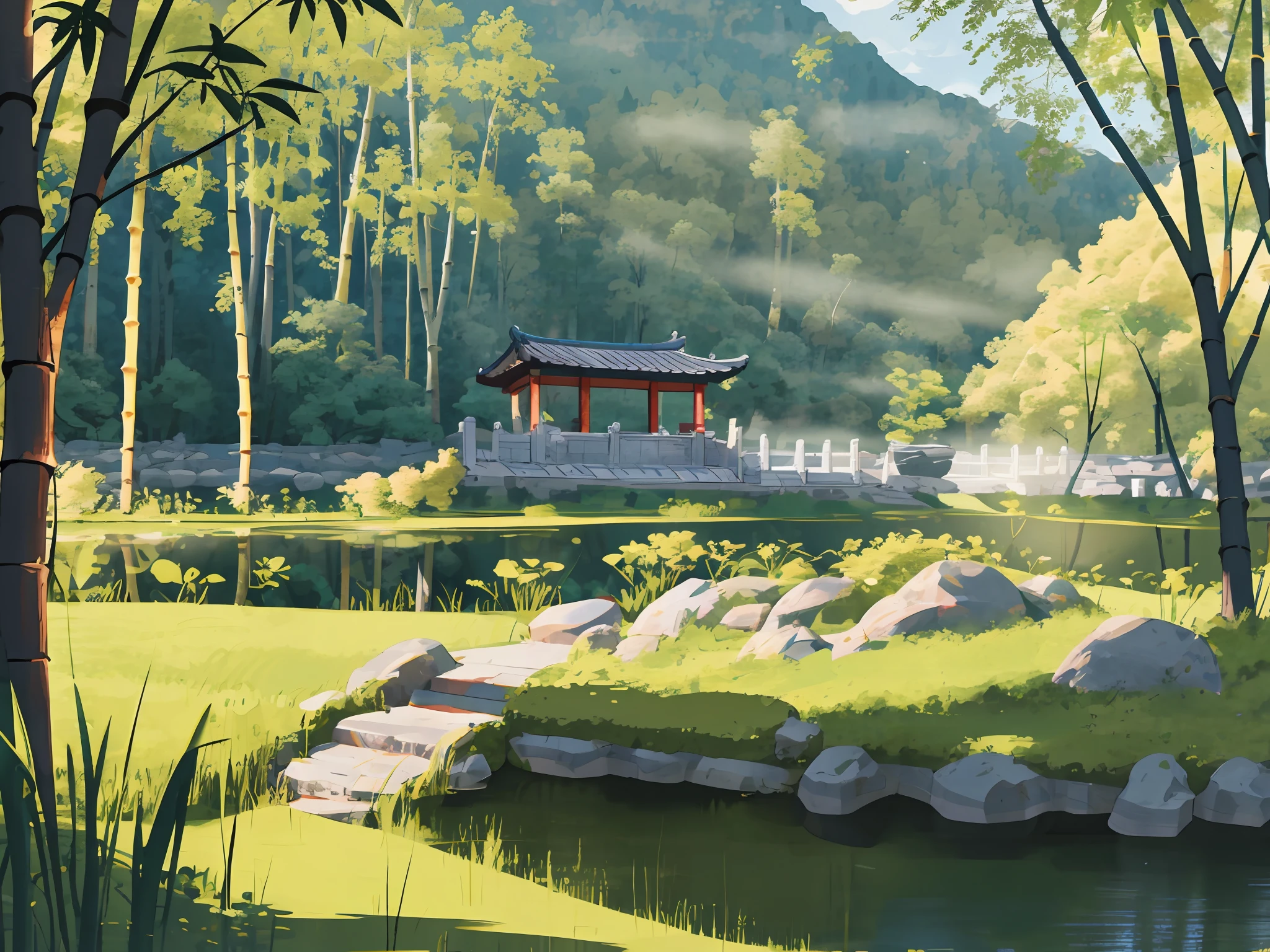 Ancient Chinese architecture, spring, dark night, garden, bamboo, lake, stone bridge, peach blossom, trees, flowing water, landscape, outdoor, grass, rock, (Illustration: 1.0 ), epic composition, realistic lighting, HD details, masterpiece, best quality, (very detailed CG unity 8k wallpapers), clay texture, clean background, natural light, best quality, ultra detail, 3d art, c4d, blender, oc renderer, 3d render, 8k