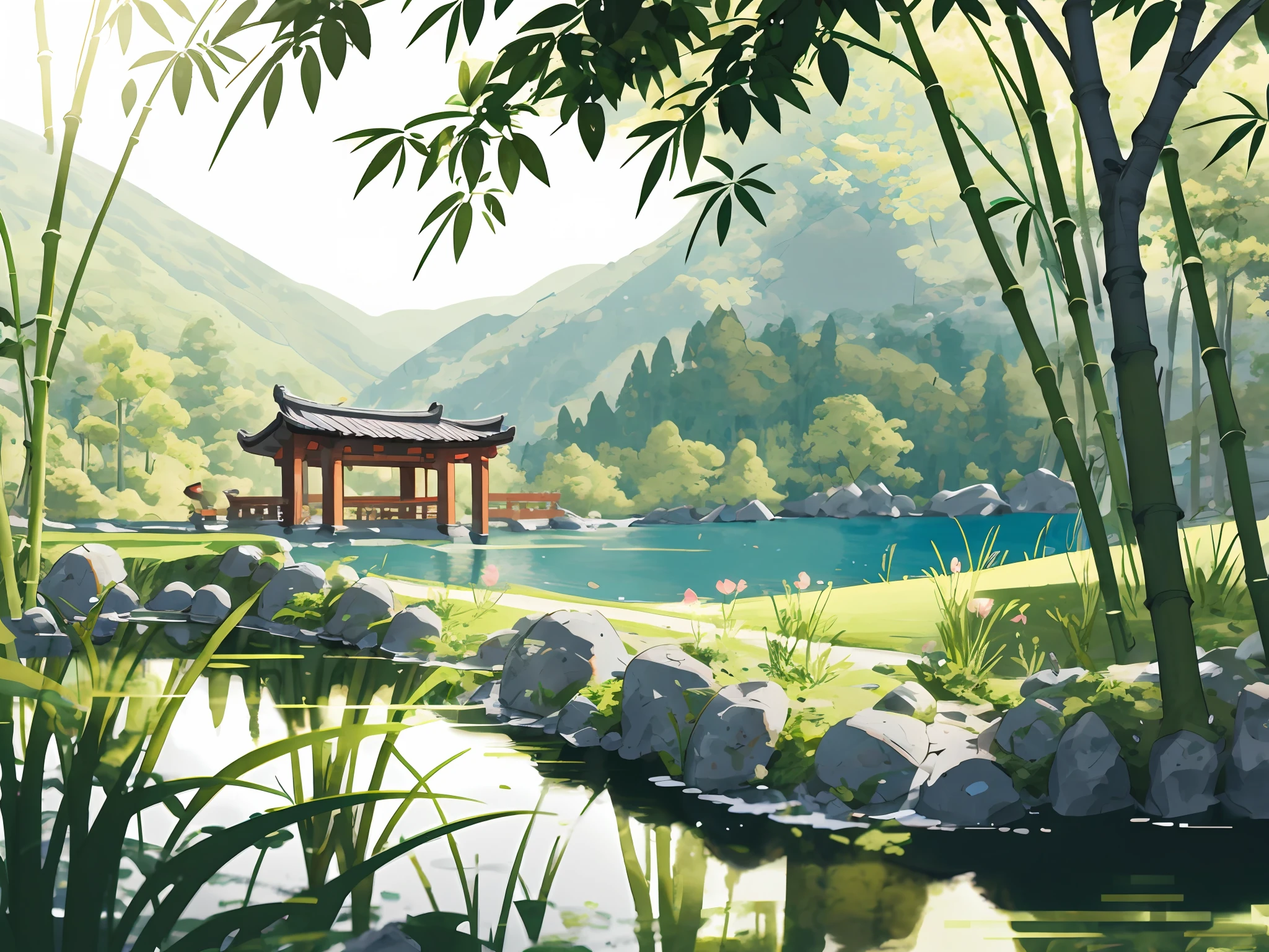 Ancient Chinese architecture, spring, dark night, garden, bamboo, lake, stone bridge, peach blossom, trees, flowing water, landscape, outdoor, grass, rock, (Illustration: 1.0 ), epic composition, realistic lighting, HD details, masterpiece, best quality, (very detailed CG unity 8k wallpapers), clay texture, clean background, natural light, best quality, ultra detail, 3d art, c4d, blender, oc renderer, 3d render, 8k