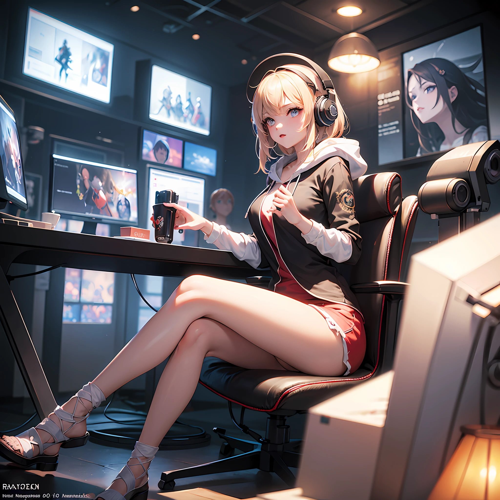 1 gamer girl, playing games, sitting, room, large breasts, hoodie, wearing hood, cag headphones, focused, (dim-lit room),((nighttime:1.5)), {correct posing}, {minute details} {extremely beautiful and delicate anime face and eyes}, {from front:0.8}, ((masterpiece:1.4)), ((best quality:1.4)), extremely delicate and detailed anime body, detailed background, correct posing, ((raytracing)), ( intricate clothes), detailed body, blur, depth of field, abstract, surreal, incredible lightening, beautiful shapes, textured, playing games, sitting on gaming chair,