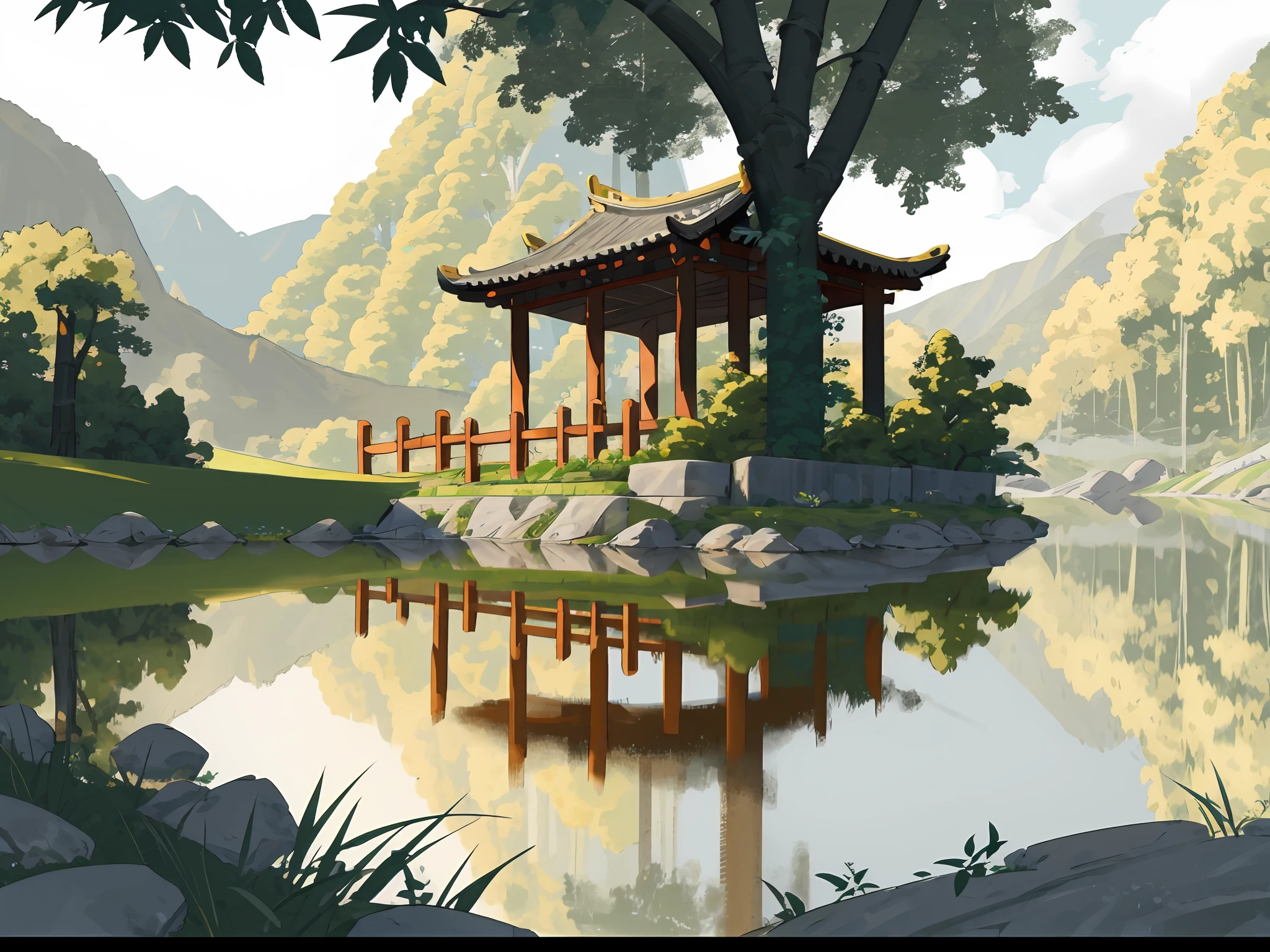 Ancient Chinese architecture, spring, dark night, garden, bamboo, lake, stone bridge, peach blossom, trees, flowing water, landscape, outdoor, grass, rock, (Illustration: 1.0 ), epic composition, realistic lighting, HD details, masterpiece, best quality, (very detailed CG unity 8k wallpapers), clay texture, clean background, natural light, best quality, ultra detail, 3d art, c4d, blender, oc renderer, 3d render, 8k