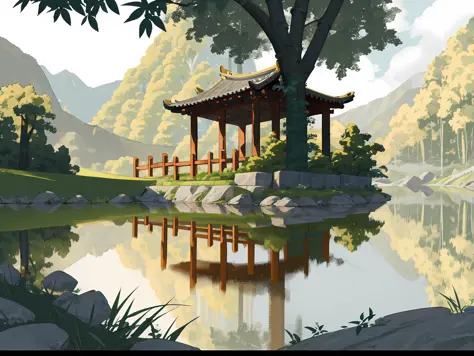 Ancient Chinese architecture, spring, dark night, garden, bamboo, lake, stone bridge, peach blossom, trees, flowing water, lands...