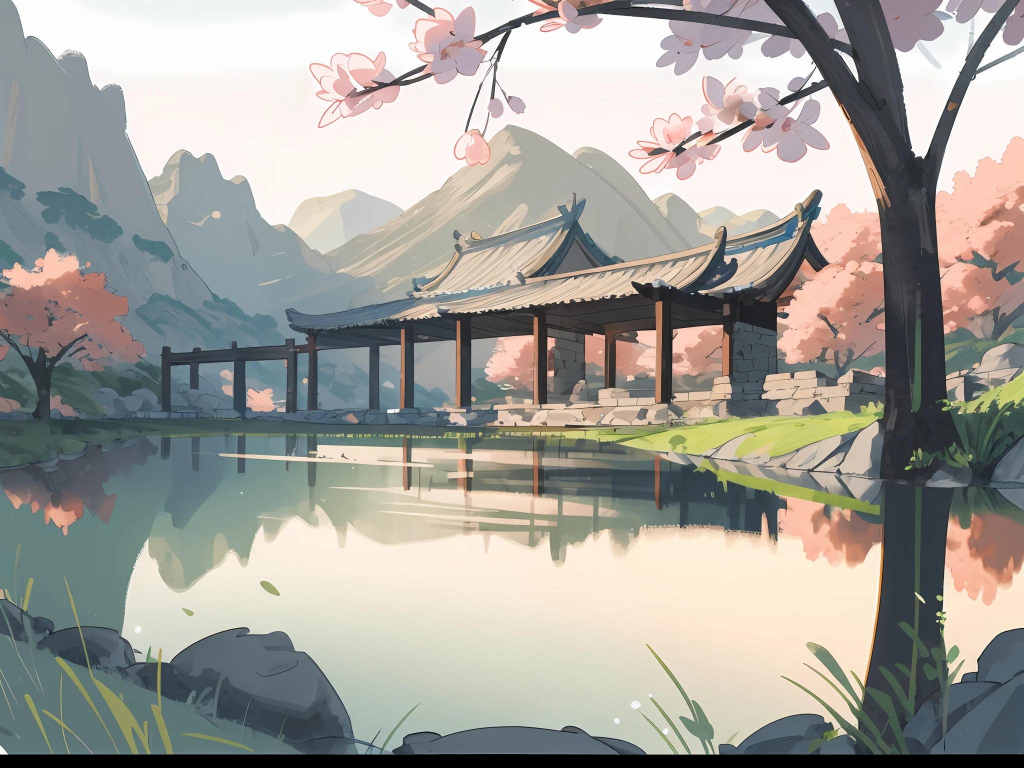 Ancient Chinese architecture, (spring, dark night, garden, lake, stone bridge, peach blossom, trees, flowing water, landscape, outdoor, grass, rock), (Illustration: 1.0 ), epic composition, realistic lighting, HD details, masterpiece, best quality, (very detailed CG unity 8k wallpapers), clay texture, clean background, natural light, best quality, ultra detail, 3d art, c4d, blender, oc renderer, 3d render, 8k