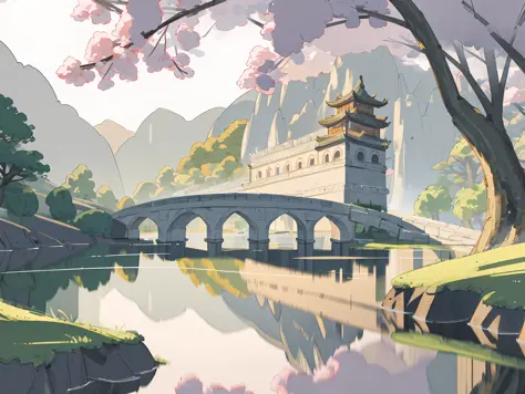 Ancient Chinese architecture, (spring, moon, dark night, garden, lake, stone bridge, peach blossom, trees, flowing water, landsc...