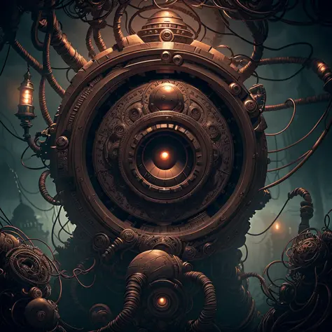 A beholder floating in the foreground, (elaborate and intricate network of cables arcing behind him), dark fantasy, dark atmosphere, atmospheric lighting, cinematic lighting, best angle, ultra-detailed, intricate, angle from front, beholder=1.6