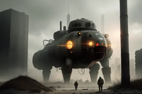 stalker are hunting on a strange animals,post-apocalypse, post-war,nuclear city zone, intricate details, extremely detailed, cinematic stile,glate gray atmosphere dramatic light, Brandon Wolfel, Alaina Lemmer, Simon Stalenhag,Ben Templesmith