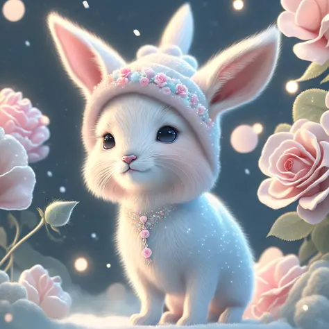 ultra-detailed CG art, adorable fawn surrounded by ethereal roses, pastels, glimmer bokeh, ethereal, best quality, highest resolution, intricate details, fantasy, cute animals