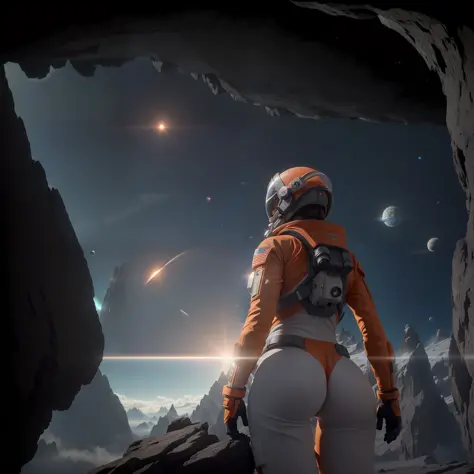 rear angle, Highly detailed RAW color Photo, Rear Angle, Full Body, of (female space soldier, wearing orange and white space suit, helmet, tined face shield, rebreather, accentuated booty), outdoors, (looking up at advanced alien structure, on alien planet...