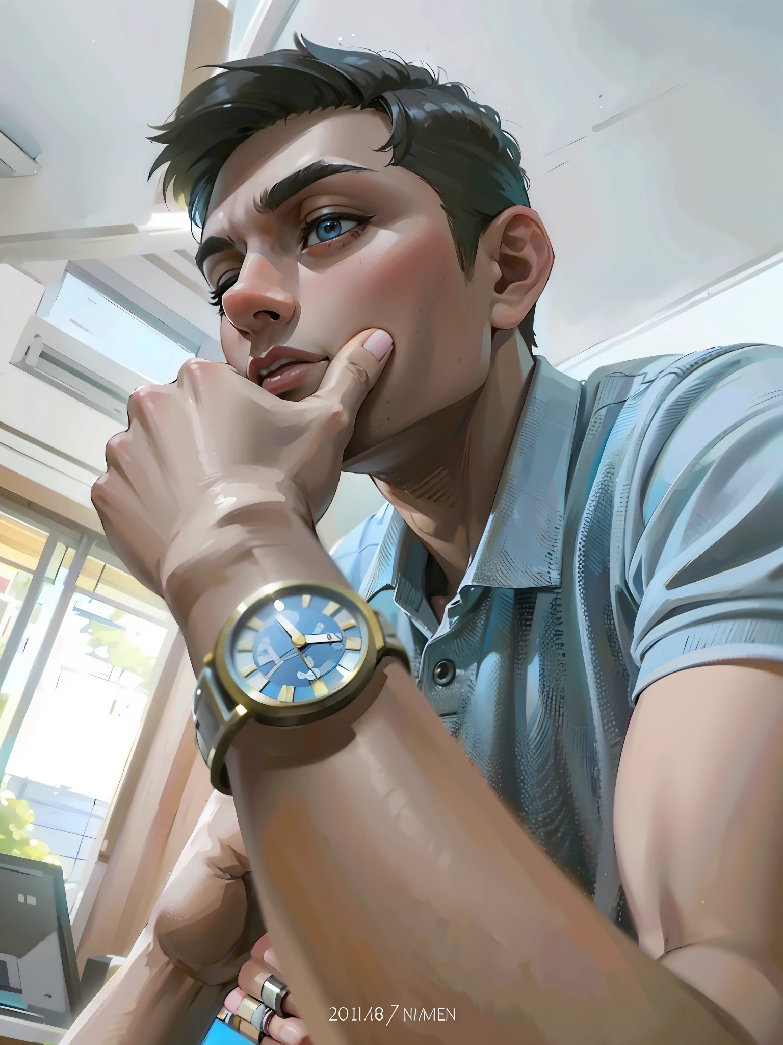 (masterpiece),(best quality:1.0), (ultra highres:1.0), detailed illustration, 8k, anime, 1boy, anime boy, wearing a blue polo shirt, detailed face, perfect face, anime eyes, detailed eyes, dark brown eyes, wrist watch, detailed hair, highlights in hair, highly detailed, anime style, vibrant