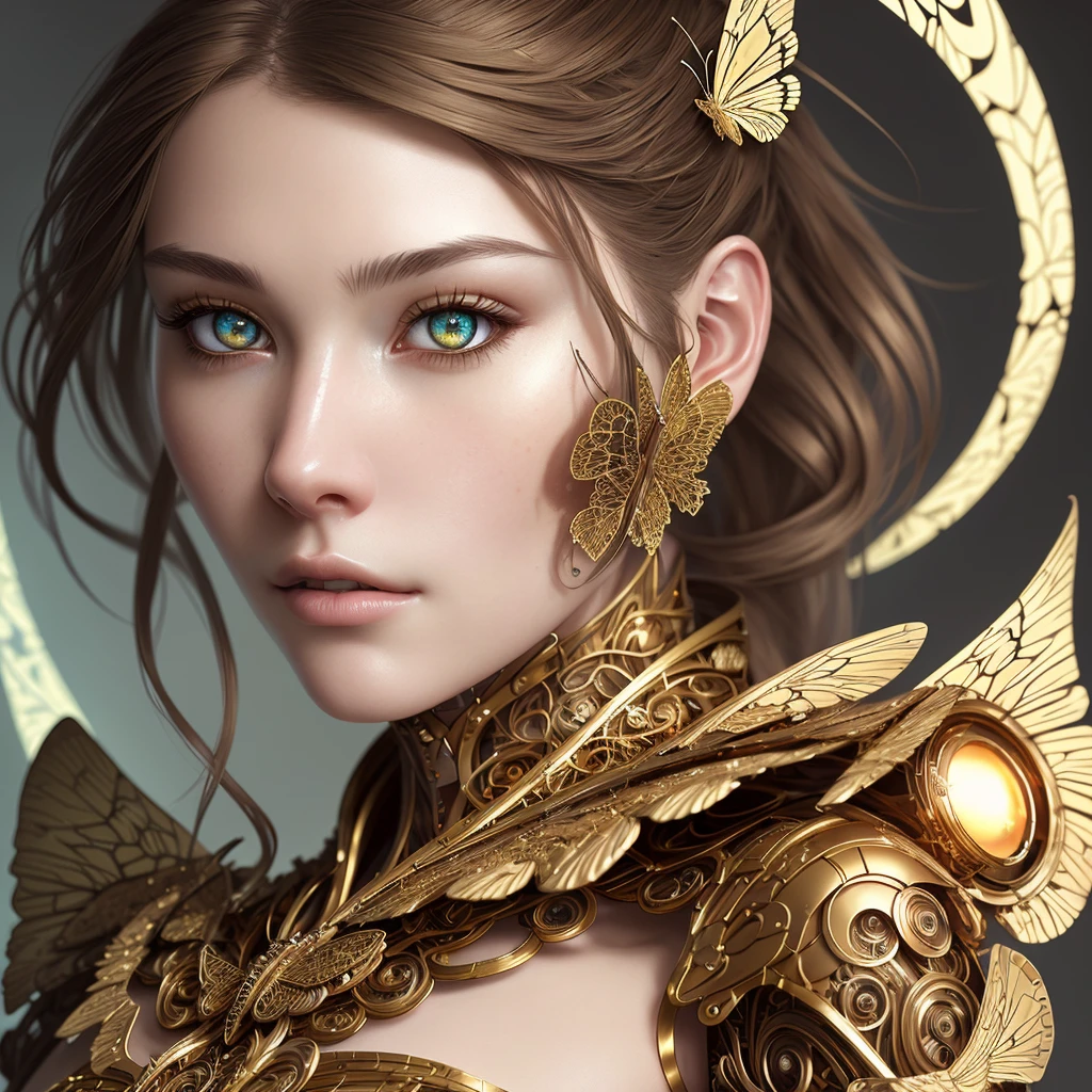 Portrait of a beautiful cyborg with 8k brown hair, intricate, elegant, detailed, majestic, digital photography, artgerm and works by Ruan Jia and Greg Rutkowski, surrealist painting, golden butterfly filigree, broken glass, (masterpiece, side light, delicate and beautiful eyes: 1.2), Human Development Report