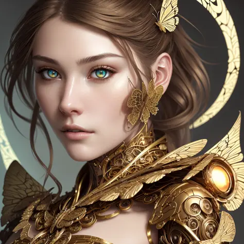 Portrait of a beautiful cyborg with 8k brown hair, intricate, elegant, detailed, majestic, digital photography, artgerm and works by Ruan Jia and Greg Rutkowski, surrealist painting, golden butterfly filigree, broken glass, (masterpiece, side light, delica...