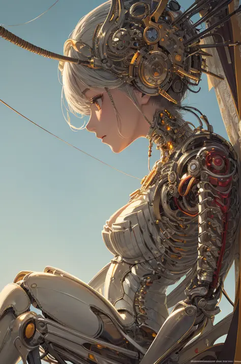 (((masterpiece))), (((best quality))), ((ultra-detailed)), (highly detailed CG illustration), ((an extremely delicate and beautiful)),(from side),cinematic light,((1mechanical girl)),solo,full body,(machine made joints:1.2),((machanical limbs)),(blood vess...