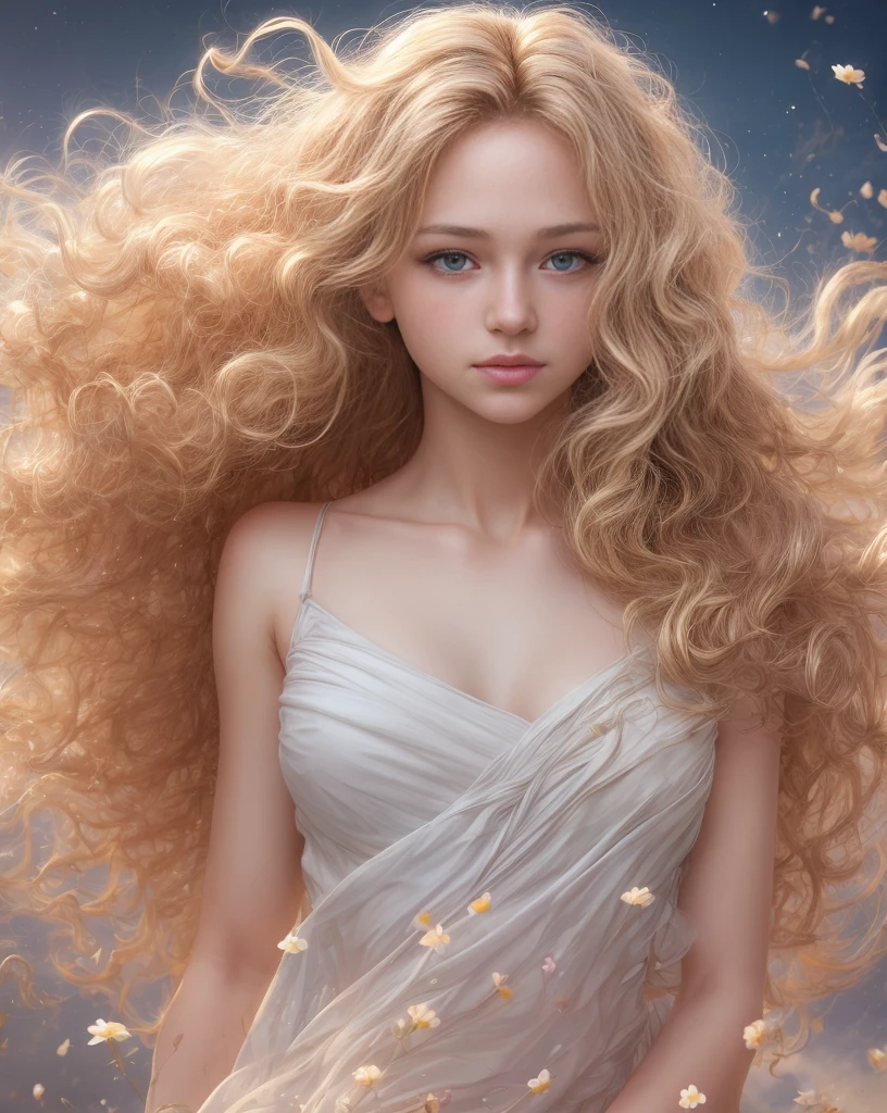 (mejor calidad, Obra maestra), mujer joven, pose, partícula, viento, flor, parte superior del cuerpo, fondo sencillo, mirando al espectador, long curly vientoblown blonde hair, galaxia,Retroiluminado,luz de llanta,hermosa obra de arte,composición perfecta