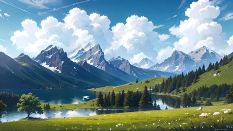 Summer, meadows, few small flowers, clear lakes, sheep, heaven, large clouds, blue sky, hot weather, HD detail, wet watermark, hyper-detail, cinematic, surrealism, soft light, deep field focus bokeh, distant view is snowy mountains, ray tracing, and surrealism. --v6