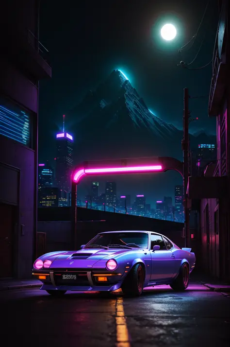 retrowave. city, 1969 Nissan S30, wide body kit, road,  purple neon lights, sun, mountain, 
(masterpiece,detailed,highres),