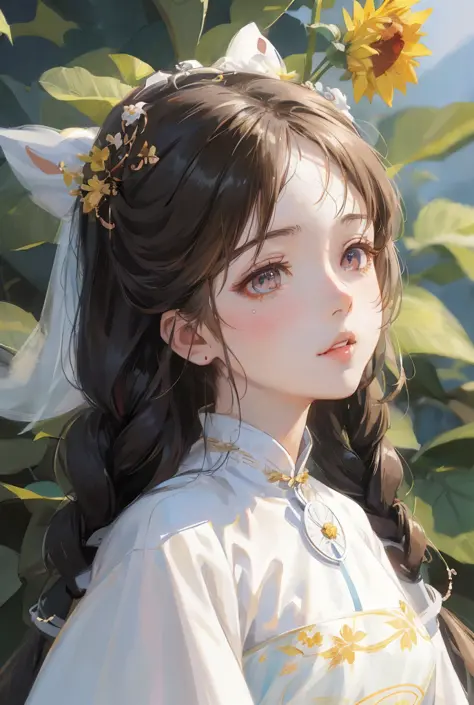 anime girl with a flower in her hair and a white dress, artwork in the style of guweiz, guweiz, beautiful anime portrait, detail...