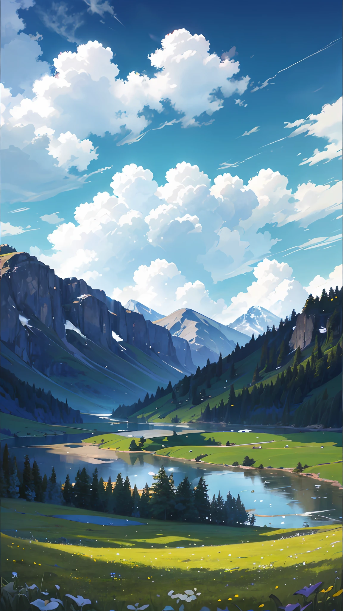 Summer, meadows, a few small flowers, clear lakes, sheep, heaven, large clouds, blue sky, hot weather, HD detail, hyper-detail, cinematic, surrealism, soft light, deep field focus bokeh, distant vistas are snowy mountains, ray tracing, and surrealism. --v6