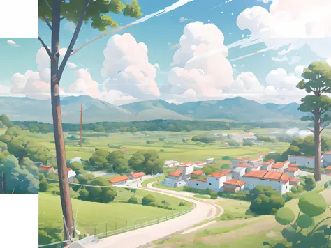 (Japanese Landscape), (Hayao Miyazaki Style), cartoon, modern countryside, roads, curves, low houses, trees, poles, white clouds...