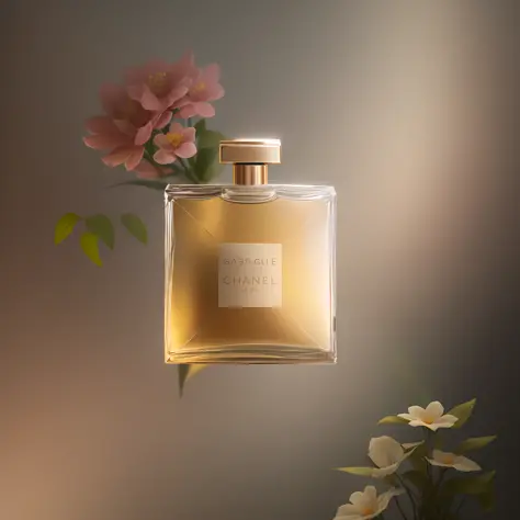 Product photography of a perfume bottle arranged with plants and flowers, realistic, light background, realistic rendering --v 6