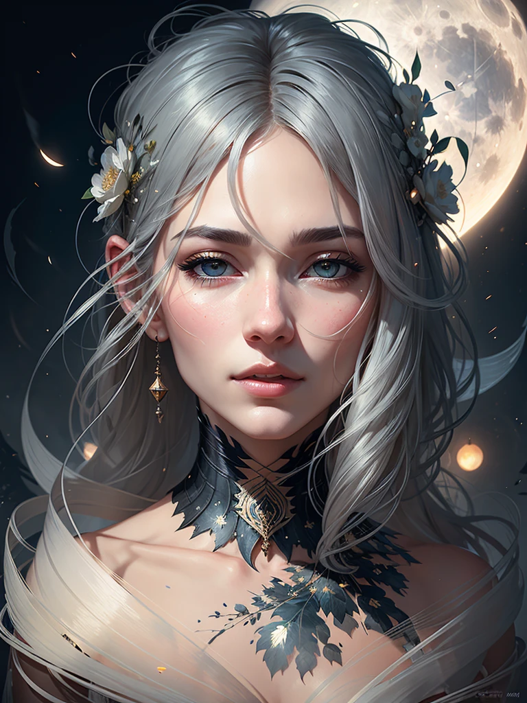 Portrait, Abstract Beauty, Near-Perfection, Delicate Face, Dynamic, Gray Hair, Moonlight, Lantern Bustle, Highly Detailed, Digital Painting, Artstation, Concept Art, Smooth, Sharp Focus, Illustration, Art by Carne Griffiths and Wadim Kashin