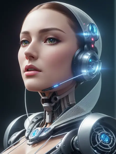 Complex 3d rendering very detailed beautiful ceramic silhouette female robot face, robot, robot parts, 150 mm, beautiful studio ...