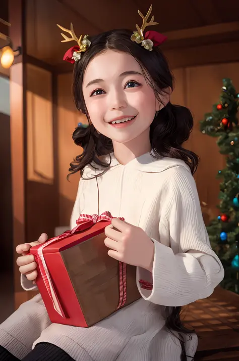 "Creative masterpiece of the highest quality, incomparably detailed, Christmas, close-up of a single person, arafeld girl holding a gift in red and white sweater, elf tomboy, loli, holding a gift, elf girl, box, detailed image, young asian girl, mckenzie f...