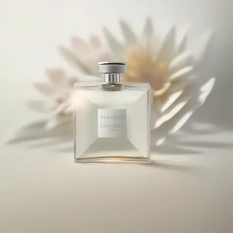 High-definition, realistic, colorful natural perfume bottle shooting scene. The shooting angle is dynamic and the composition is reasonable, and the subject is a perfume bottle on a white or light gray surface and natural elements such as plants and flower...