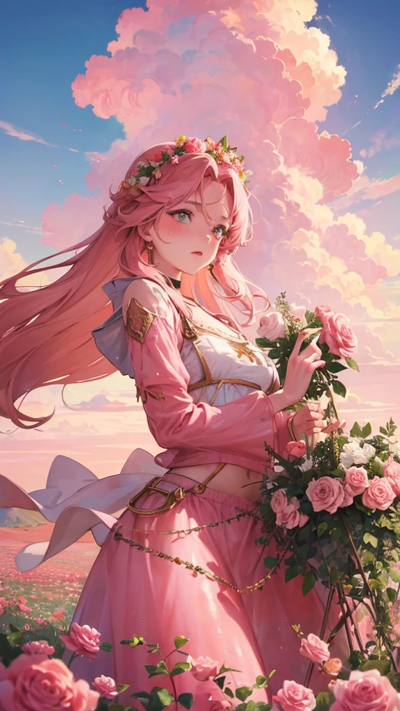 Summer, desert, pink clouds, a land overgrown with roses stands beautiful girl, James Gurney, art station rendered, ultra-wide lens, high definition