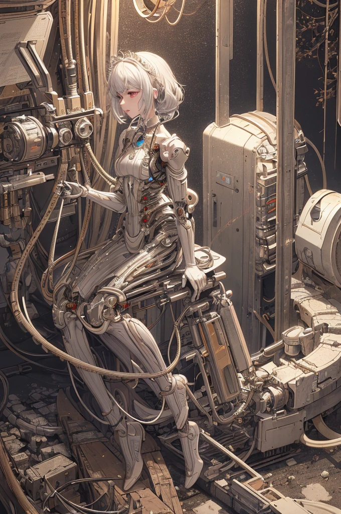 ((((masterpiece))), ((best quality))), ((ultra-detailed)), (CG illustration), ((an extremely delicate and beautiful)),(from side),cinematic light, ((1 mechanical girl)), single, full-body, (machine-made joint: 1.2), ( (mechanical limbs)), (blood vessels connected to tubes), (mechanical spine connected to back), ((mechanical cervical vertebrae attached to neck)), (sitting), forced laughter, (wires and cables around the neck: 1.2), (wires and cables on the head: 1.2) (character focus), sci-fi, extremely thin, colored, the finest white hair, red eyes, in battle, (knotted), (killing), (1 immortal)