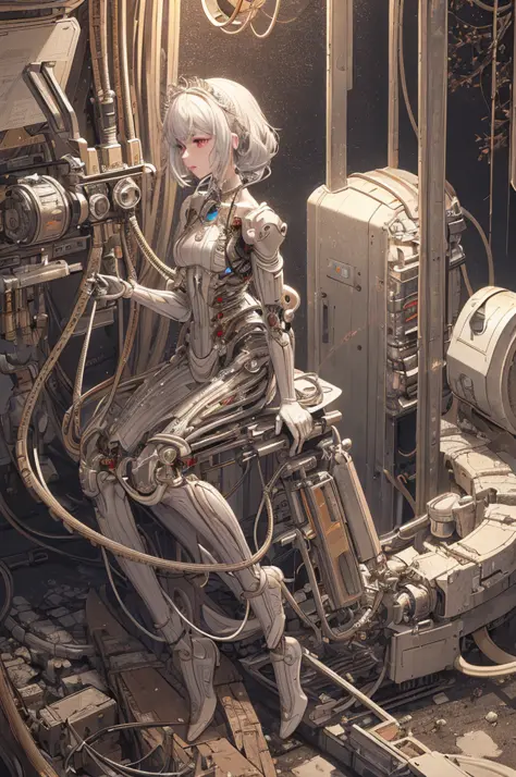 ((((masterpiece))), ((best quality))), ((ultra-detailed)), (CG illustration), ((an extremely delicate and beautiful)),(from side),cinematic light, ((1 mechanical girl)), single, full-body, (machine-made joint: 1.2), ( (mechanical limbs)), (blood vessels co...