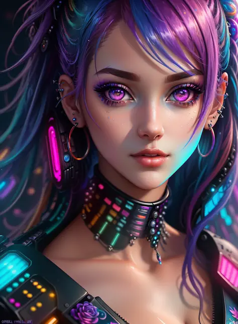 ((best quality)), ((masterpiece)), ((realistic)), (detailed), (1 girl) Close-up of woman with colorful hair and piercings, dreamy cyberpunk girl, 4K high-detail digital art, stunning digital illustration, stunning 8K artwork, colorful digital fantasy art, colorful and dark, beautiful digital artwork, colorful digital painting, cyberpunk digital anime art, portrait of a girl with  luminous wave, 8K HD digital wallpaper art, gorgeous digital painting