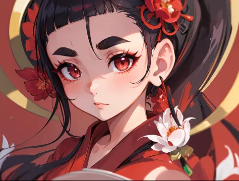 (Masterpiece, the best quality), extreme close-up, very detailed, detailed eyes, 1girl, beautiful, red kimono, thick eyebrows, sharp eyelashes, fair skin, delicate facial features