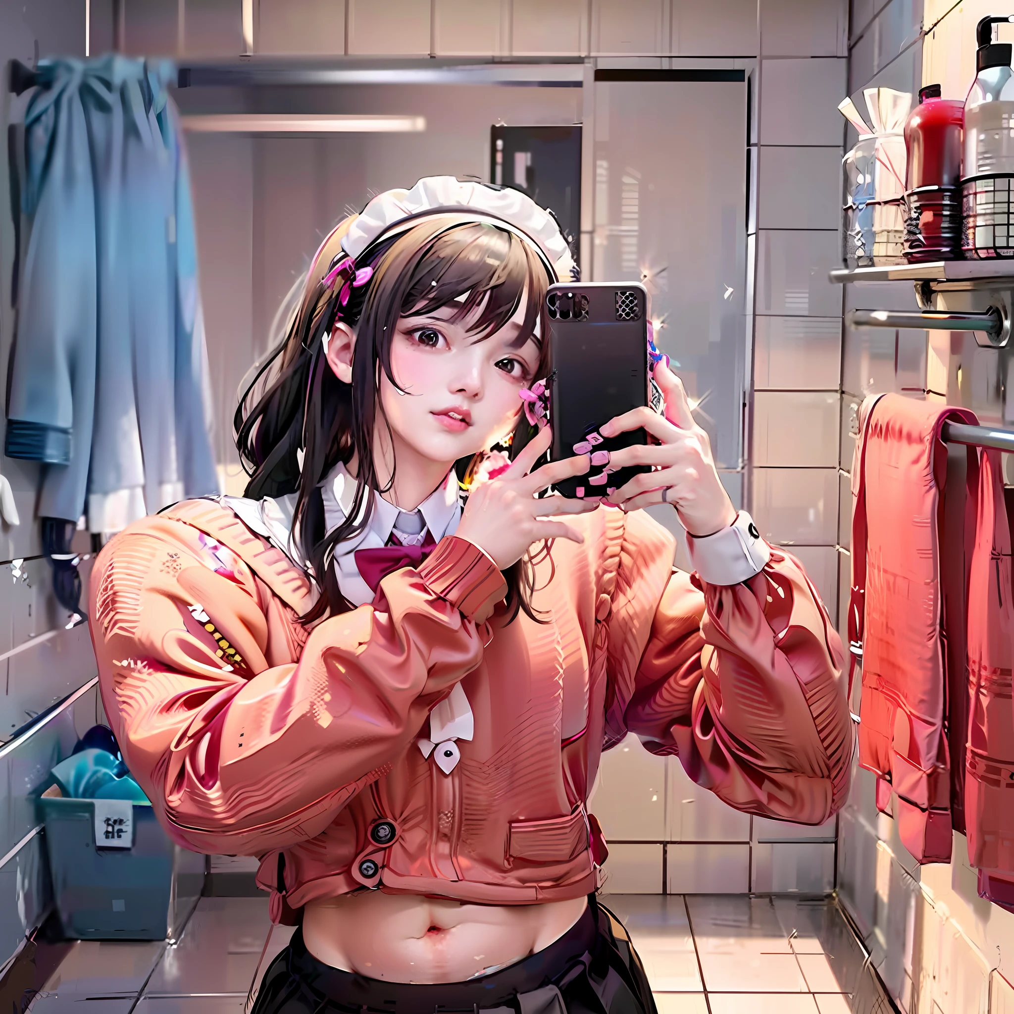 Anime girl prenant des photos dans la salle de bain, selfie, Déguisement de servante, animé numérique, guvez style, Niveau d&#39;illustration, Cote de sécurité (SFW), Mignon, corps lourd (épais), photo de portrait de style réaliste, étudiant surréaliste, animé numérique art.