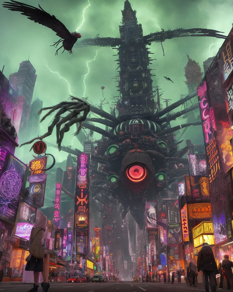 一隻巨型蜘蛛和一座城市, Rube Goldberg 的海報藝術, 寫輪眼的眼睛, 風與冷為主題, 史詩般的飛濺藝術, 迷幻藝術, , 超現實主義, 烏鴉, 美元, 闪电, 綠燈, 4k
