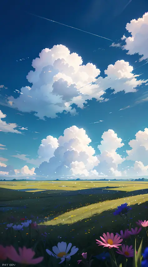 Summer prairie, meadow, few small flowers, large clouds, blue sky, hot weather, HD detail, hyper-detail, cinematic, surrealism, soft light, deep field focus bokeh, ray tracing, and surrealism. --v 6