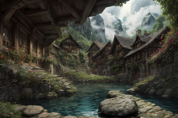 the hobbit, tolkien, a medieval village in switzerland with river and ...