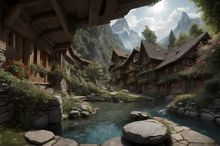 the hobbit, tolkien, a medieval village in switzerland with river and ...