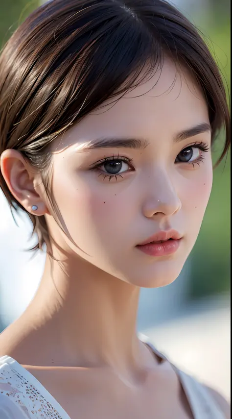 (jacksonville:1.5), close up, masterpiece, best quality, raw photo, photorealistic, face, incredibly absurdres, beautiful girl, cute, short hair, depth of field, highres, ultra-detailed, finely detail, extremely detailed, extremely detailed eyes and face, ...
