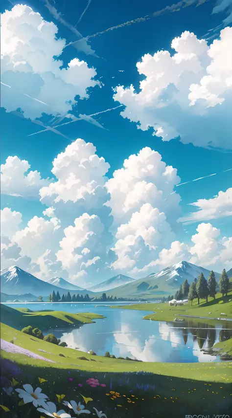 Summer, meadows, a few small flowers, clear lakes, sheep, heaven, large clouds, blue sky, hot weather, HD detail, hyper-detail, cinematic, surrealism, soft light, deep field focus bokeh, distant vistas are snowy mountains, ray tracing, and surrealism. --v6