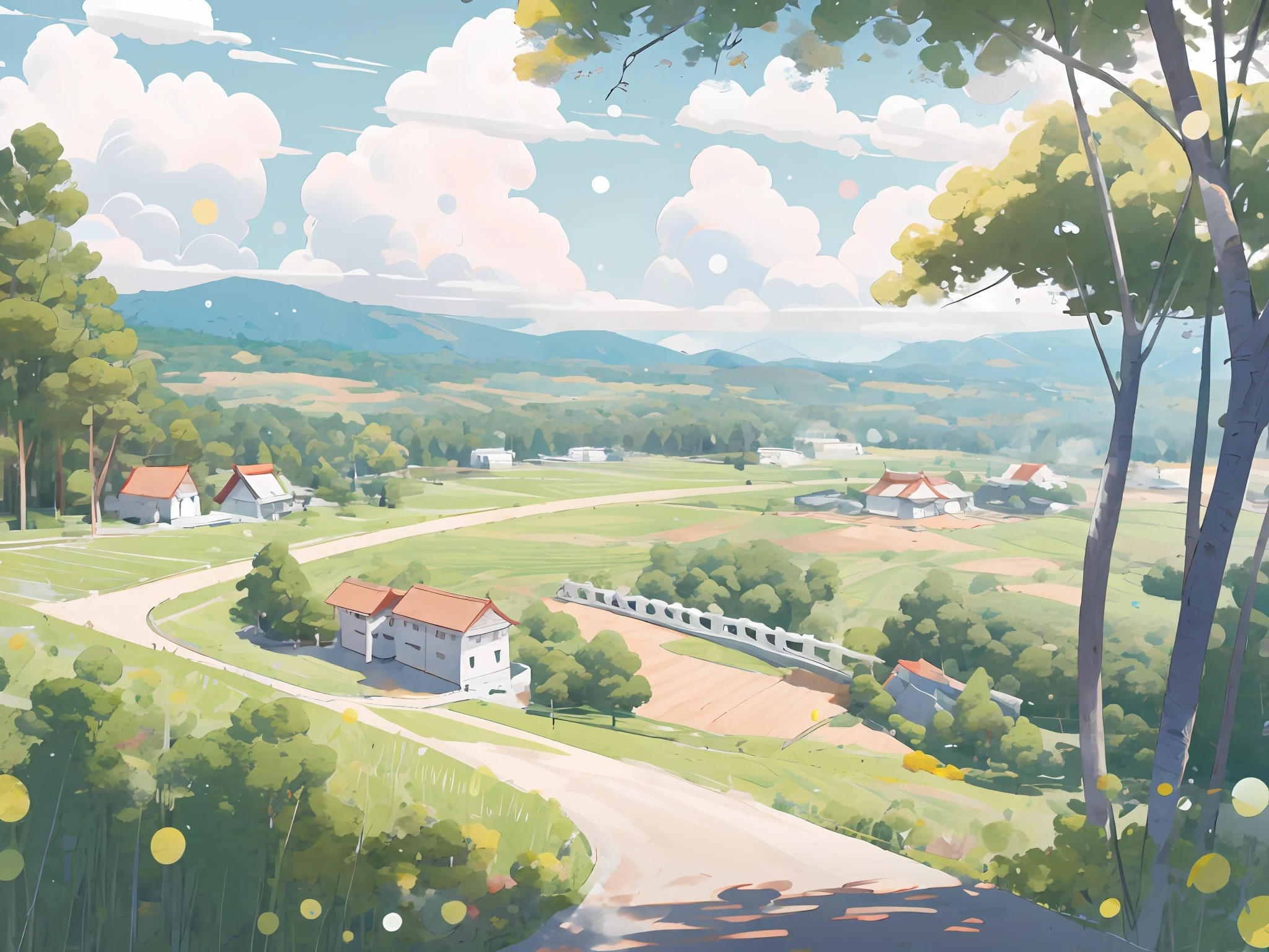 (Japanese Landscape), (Hayao Miyazaki Style), cartoon, modern countryside, roads, curves, low houses, trees, poles, white clouds, calm landscape, outdoors, green trees, epic composition, realistic lighting, high-definition detail, masterpiece, the best quality, (very detailed CG unified 8k wallpaper), clay texture, clean background, natural light, best quality, ultra detail, 3d art, c4d, blender, oc renderer, 3d render, 8k