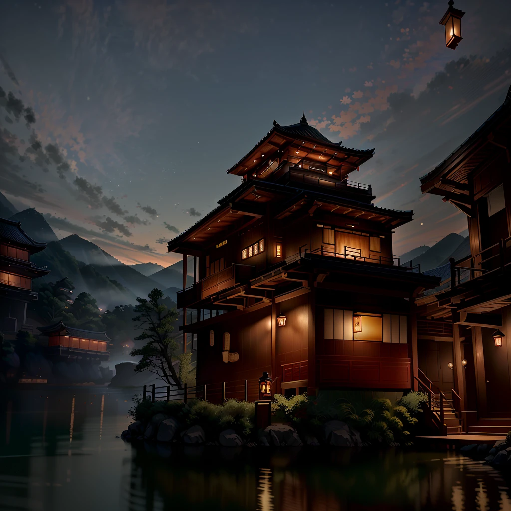 Highest quality, (theater lighting: 0.7), masterpiece, head-up lens, ratio 16:9, realism, rich detail, chinoiserie, outdoor, loft, night, lake, concept art, soul of Tsushima