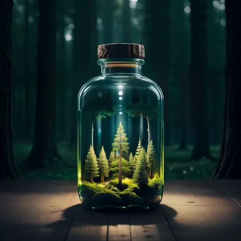 (An intricate forest minitown landscape trapped in a bottle), atmospheric oliva lighting, on the  table, 4k UHD, dark vibes, hyper detailed, vibrant colours forest background, epic composition, octane render, sharp focus, high resolution isometric