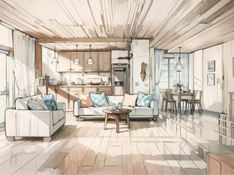 a sketch of a beautiful modern living room, (((foster and partners, artists impression, artistic impression, by Hamish MacDonald, by Carey Morris, by David Brewster, higher detailed illustration, by Helen Berman, an illustration, detailed illustration, by Nick Fudge, by Warren Mahy, artist's impression))), a red kitchen cabinet behind the white sofa, with minimal pictures on the wall,(((white walls))), linen curtain next to the classroom window, coffee table, modern wood, ceiling with magnetic emissive lighting, white fabric PRB textures, wooden floor PRB texture,