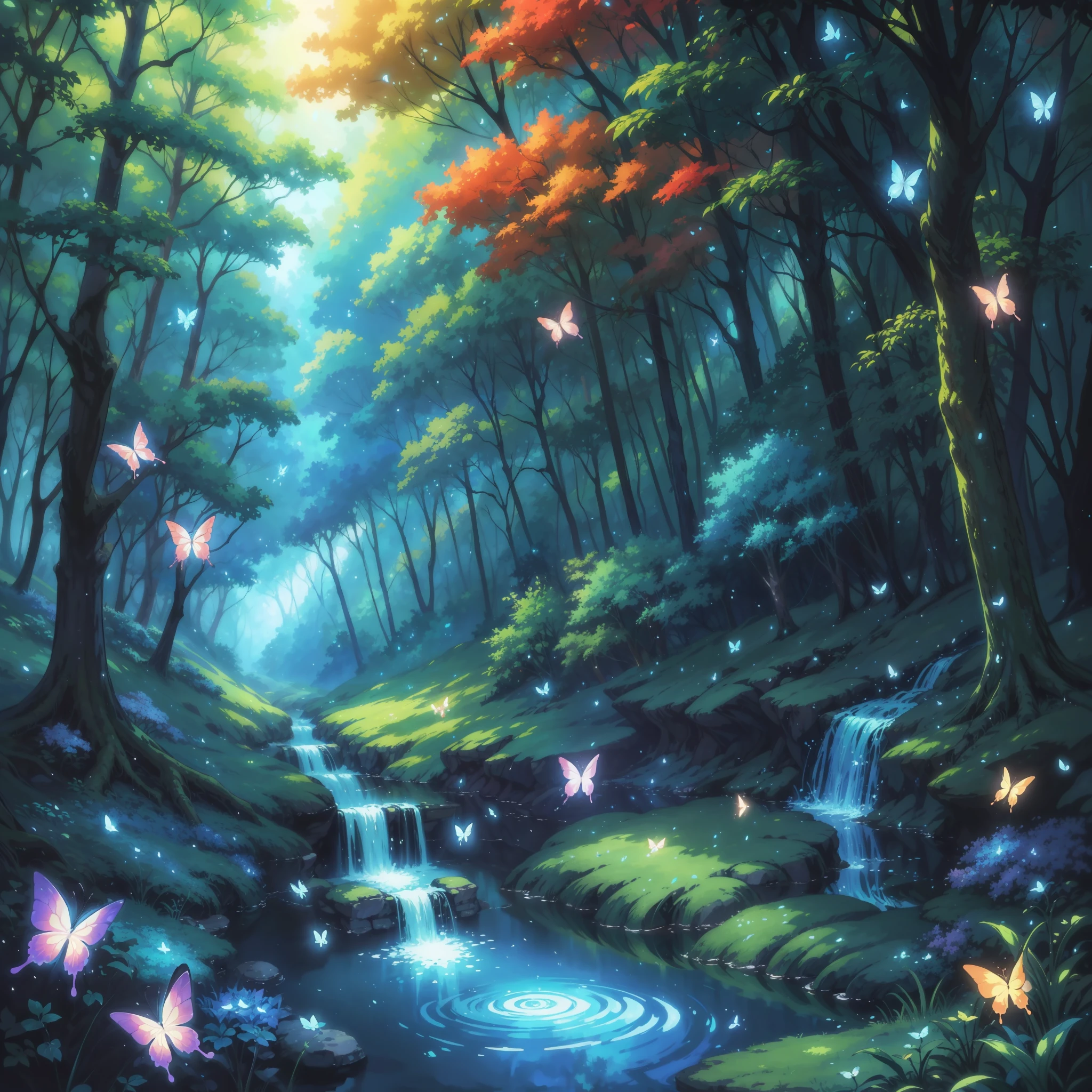 a painting of a stream in the woods with butterflies flying around, beautiful digital artwork, makoto shinkai cyril rolando, glowing butterflies, magical environment, very beautiful digital art, anime nature, 4k detailed digital art, anime nature wallpap, inspired by Cyril Rolando, beautiful digital art, magical forest with fireflies, by Yang J, a beautiful artwork illustration