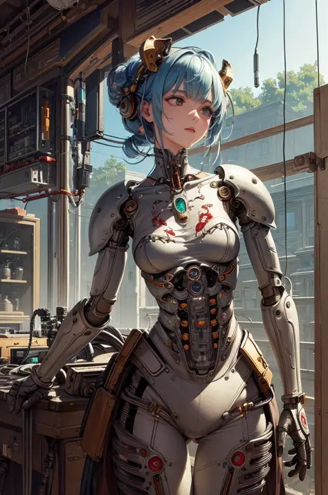 (((masterpiece))), (((best quality))), ((ultra-detailed)), (highly detailed CG illustration), ((an extremely delicate and beautiful)),cinematic light,((1mechanical girl)),solo,(cowboy shot:1.2),(machine made joints:1.2),((machanical limbs)),(blood vessels connected to tubes),(mechanical vertebra attaching to back),((mechanical cervial attaching to neck)),expressionless,(wires and cables attaching to neck:1.2),(wires and cables on head:1.2),(character focus),science fiction,extreme detailed,colorful,highest detailed, loongs,fengs,background,