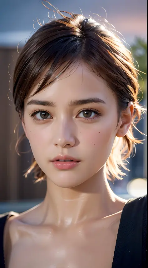 (Rotterdam:1.5), close up, masterpiece, best quality, raw photo, photorealistic, face, incredibly absurdres, beautiful girl, cute, short hair, depth of field, highres, ultra-detailed, finely detail, extremely detailed, extremely detailed eyes and face, sha...