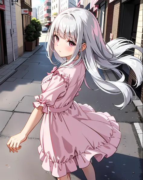 Unreal,

1 girl, silver bangs, pink and white dress, city street, detailed background