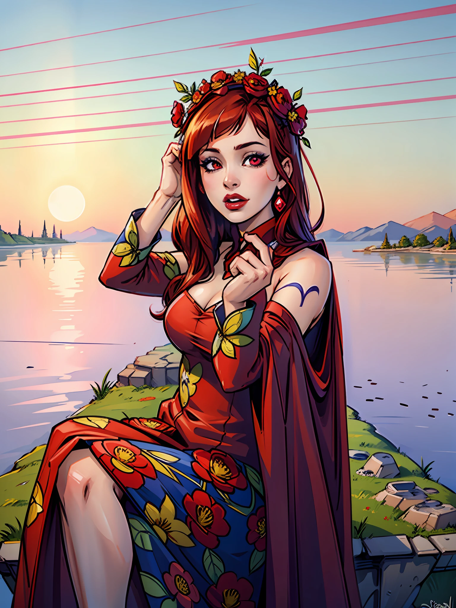 (masterpiece),(best quality:1.0), (ultra highres:1.0), detailed illustration, 8k, anime, 1girl, beautiful anime girl, wearing a red dress, flower crown, pretty face, detailed face, beautiful eyes, detailed eyes, dark red eyes, bright red lips, red lipstick, beautiful stylish hair, highlights in hair, bangs anime style, best quality, vibrant