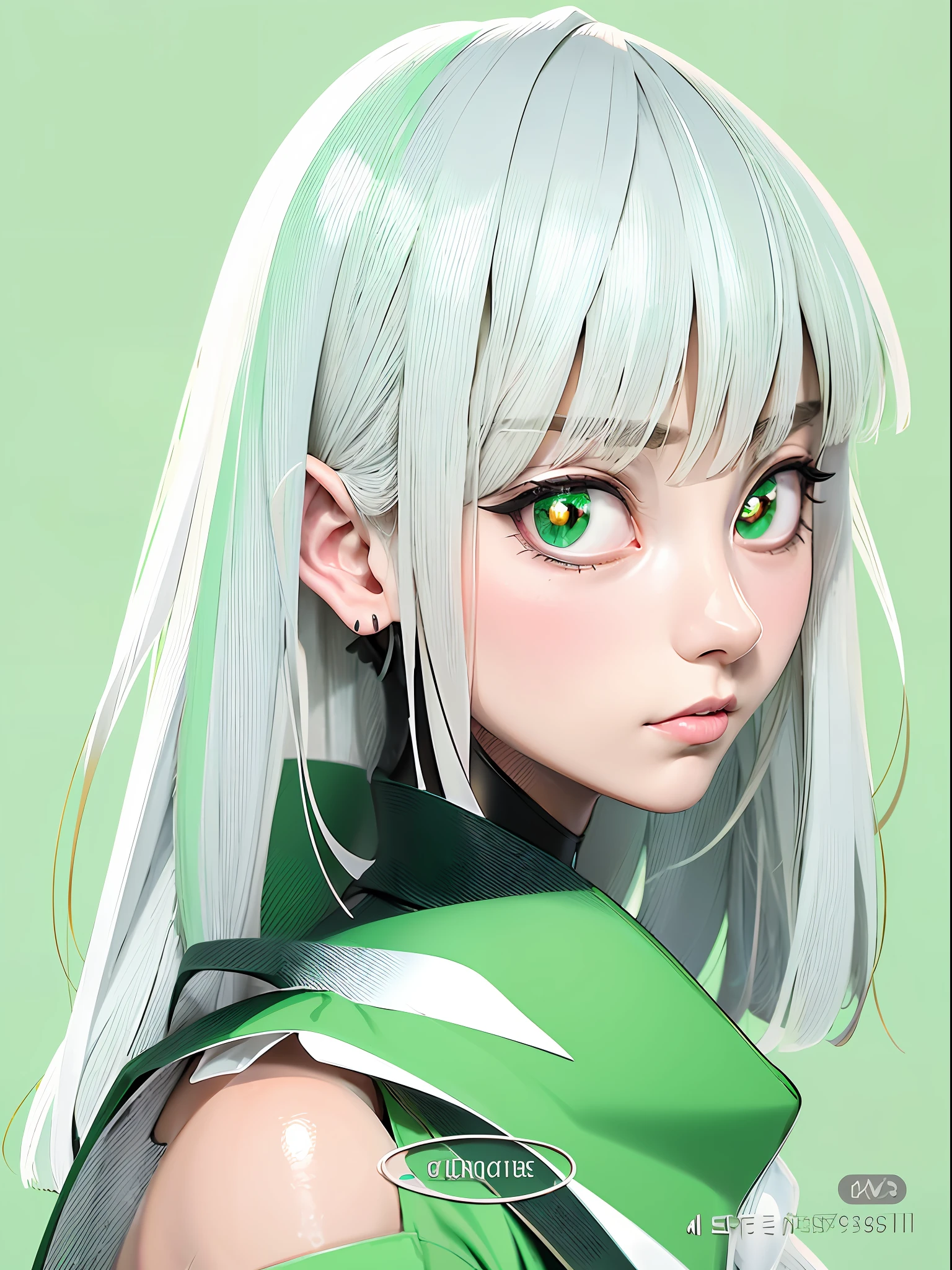 garota anime com cabelos brancos e olhos verdes em jaqueta verde, retrato estilo anime, retrato de personagem de anime, ilustração digital de anime, sombreamento estilo anime plano, garota de anime desonesta, ilustração de estilo anime, feito com estúdio de pintor de anime, garota elfa, personagem de estilo anime, digital anime art, Estilo de arte anime, arte digital com estilo anime, lindo retrato de anime, impressionante retrato de rosto de anime